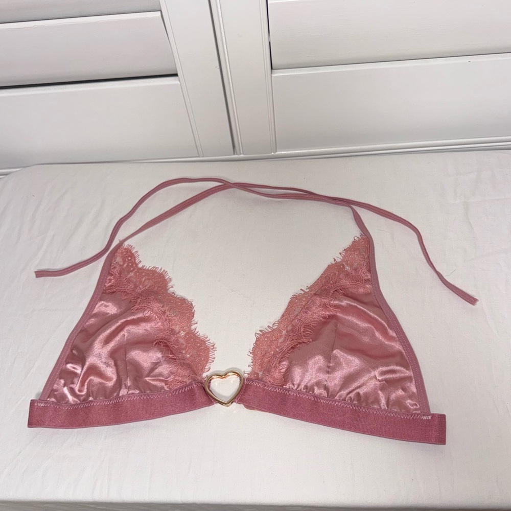 Valentine’s Pink Silk Satin Heart Bra Top with Lace Trim Medium